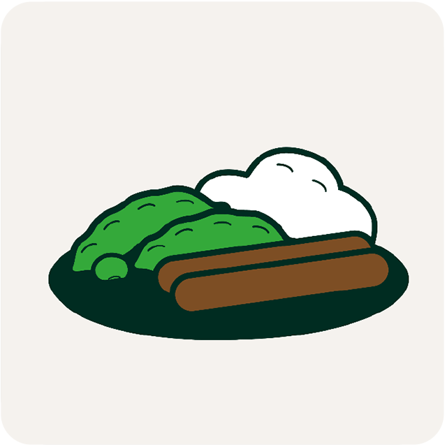 A platter with hotdogs, greens and mashed potatoes. Illustration.
